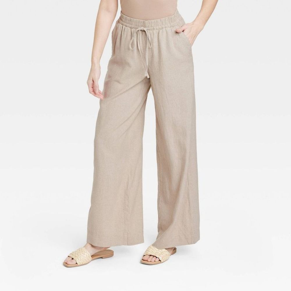 a new day Women's Wide Leg Drawstring Linen-Blend Pants in Taupe